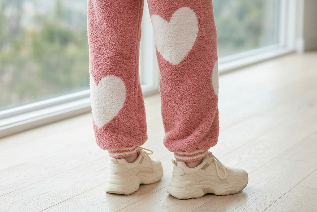 Pink fuzzy jogger legs with white hearts and striped gathered cuffs above cream sneakers.