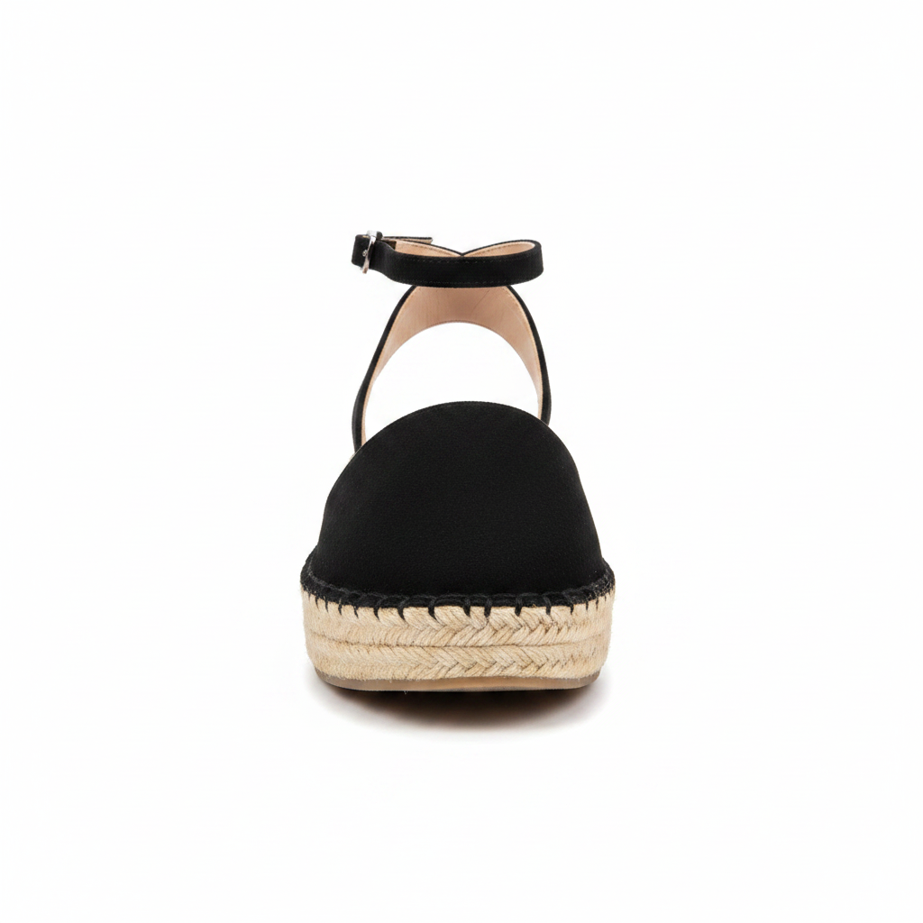 Women's black suede closed toe espadrille flatform sandal with ankle strap buckle front view - BellanBlue