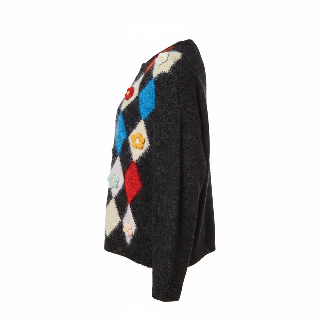 Women's black argyle cardigan side profile, fuzzy knit fabric, long sleeves with ribbed cuffs, oversized silhouette