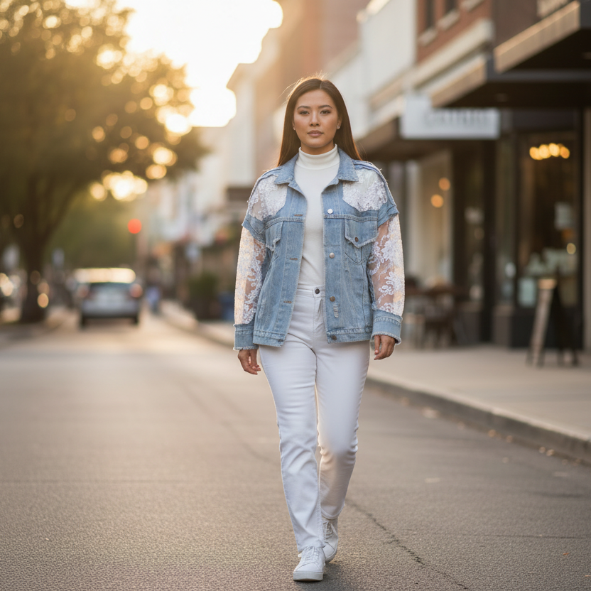 Women's light blue lace embroidery distressed denim jacket styled on Asian model walking city street - BellanBlue