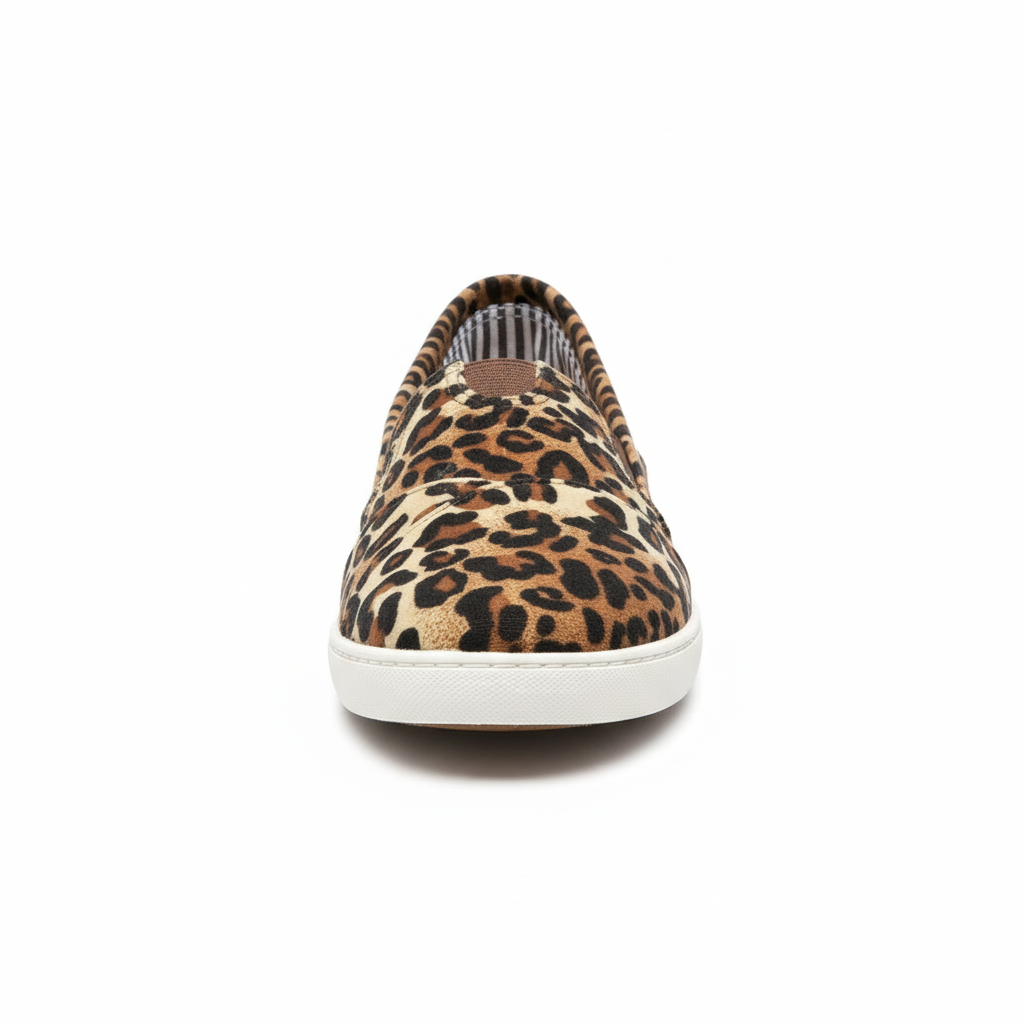Women's leopard print canvas slip-on flat shoe, front view, white background