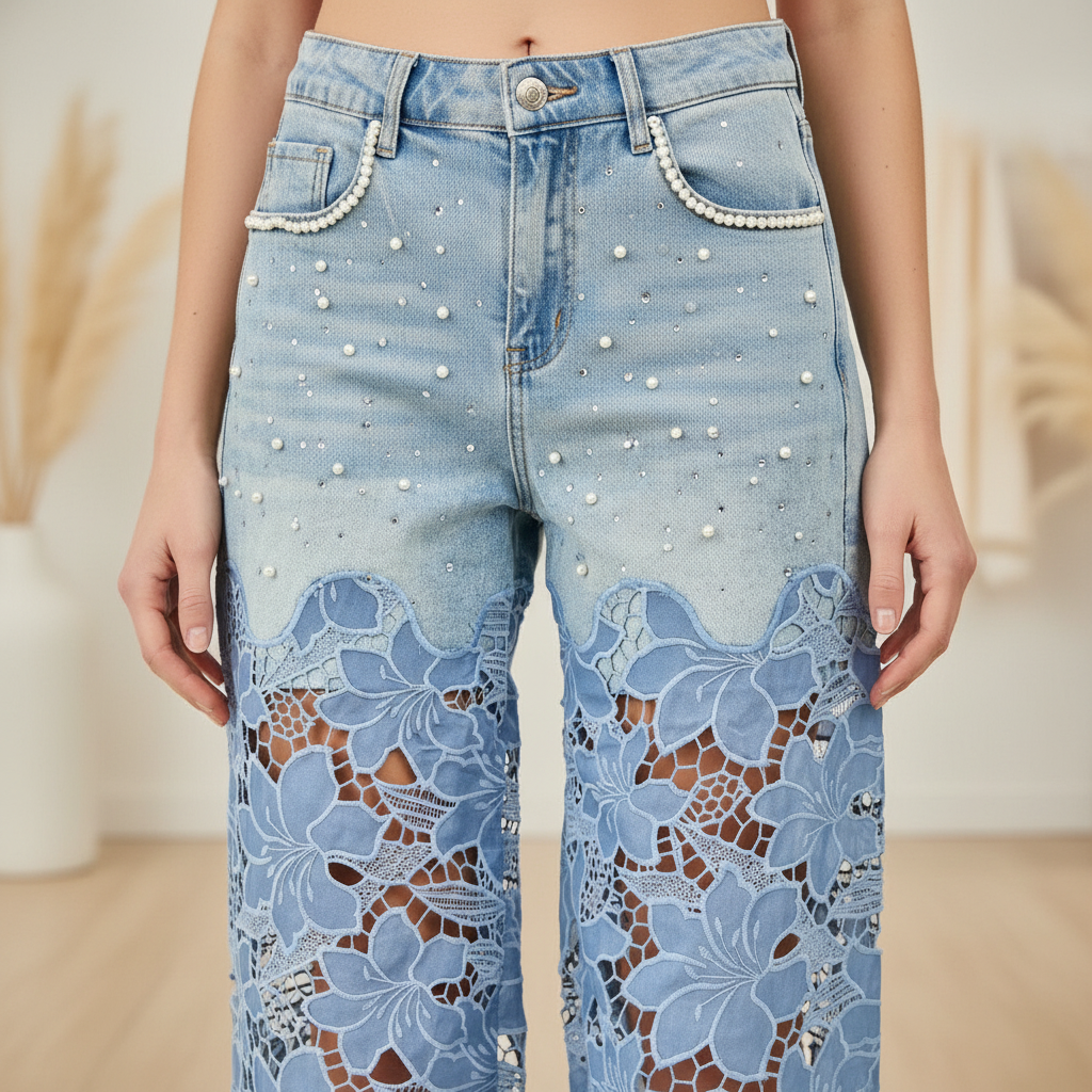 Close-up pearl rhinestone accents and lace panel detail on denim high waist jeans