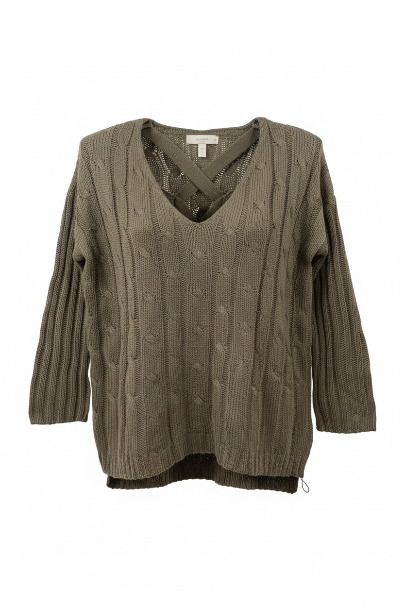 Olive taupe cable-knit sweater front view showing V-neck and textured knit pattern