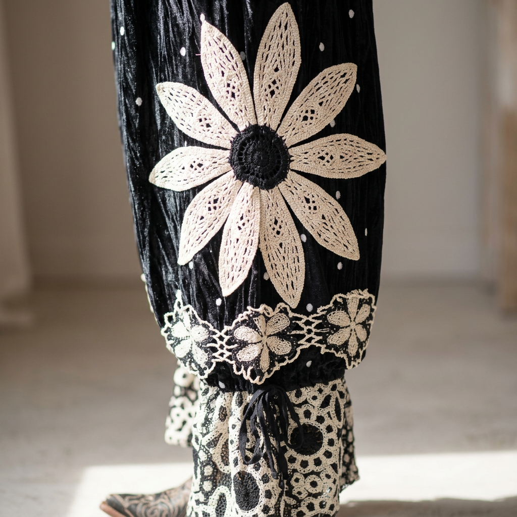 Close-up of a cream crochet daisy appliqué on black polka dot velvet pantaloons