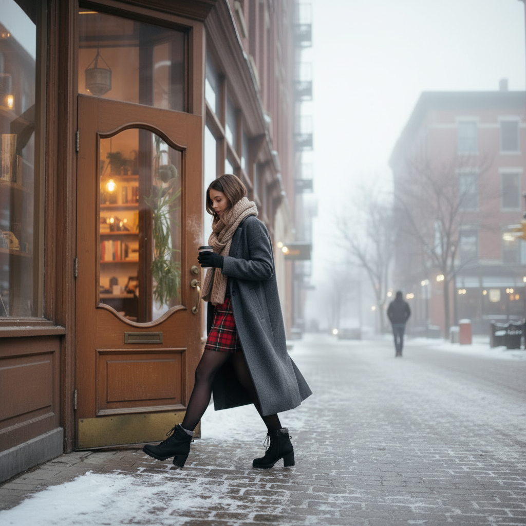 Woman wearing black block heel combat ankle boots with plaid mini skirt and long wool coat outside winter café