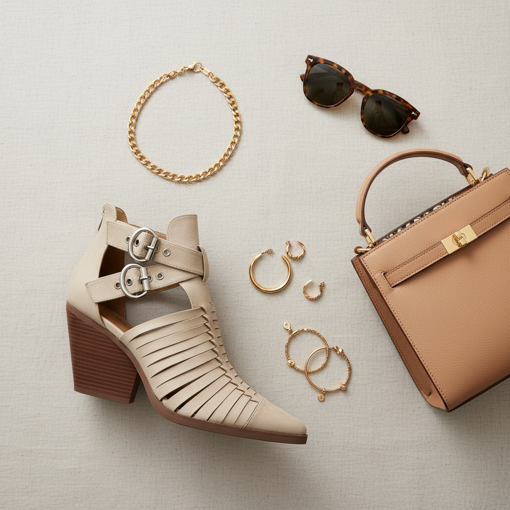 Flat lay styling of beige strappy booties with accessories - fashion editorial aesthetic