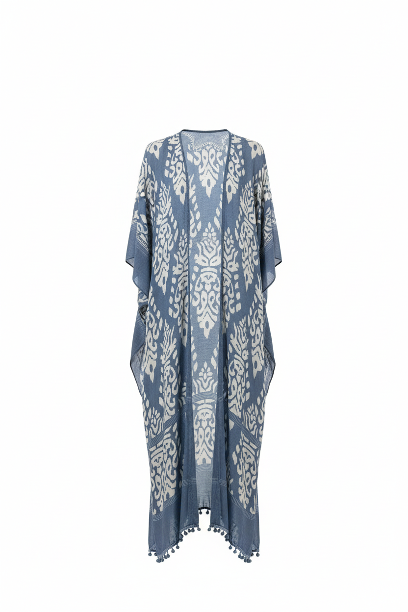 Damask print long kimono duster in washed denim blue - front view showing flowing maxi length and pom-pom trim