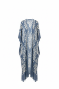 Damask print long kimono duster in washed denim blue - front view showing flowing maxi length and pom-pom trim
