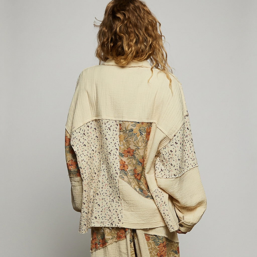Back view of a cream gauze shirt with orange floral and tiny botanical panels against a seamless gray background.