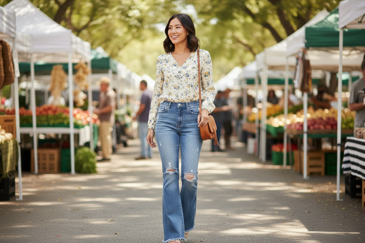Woman walking through an outdoor farmers market wearing a floral blouse and jeans.