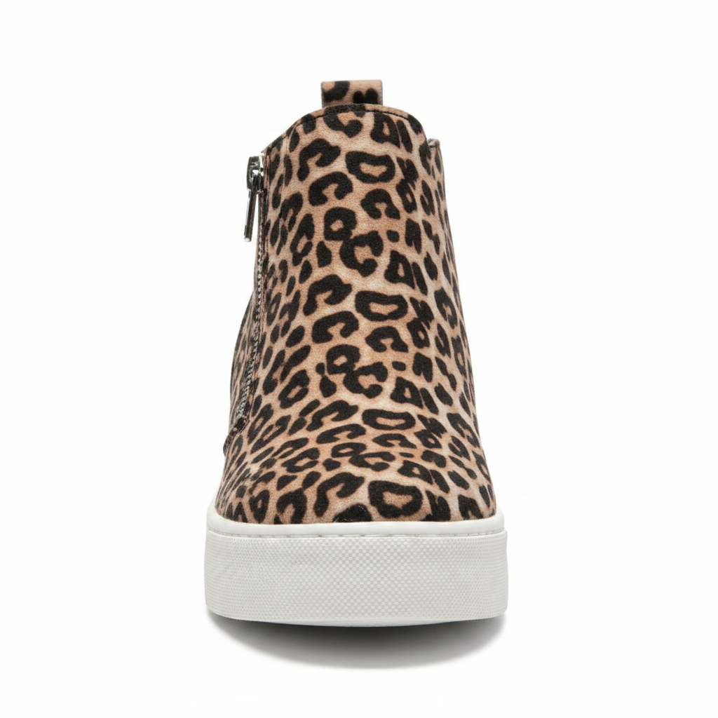 Women's oatmeal leopard print high-top sneaker bootie, thick white platform sole, rounded toe, front view - BellanBlue