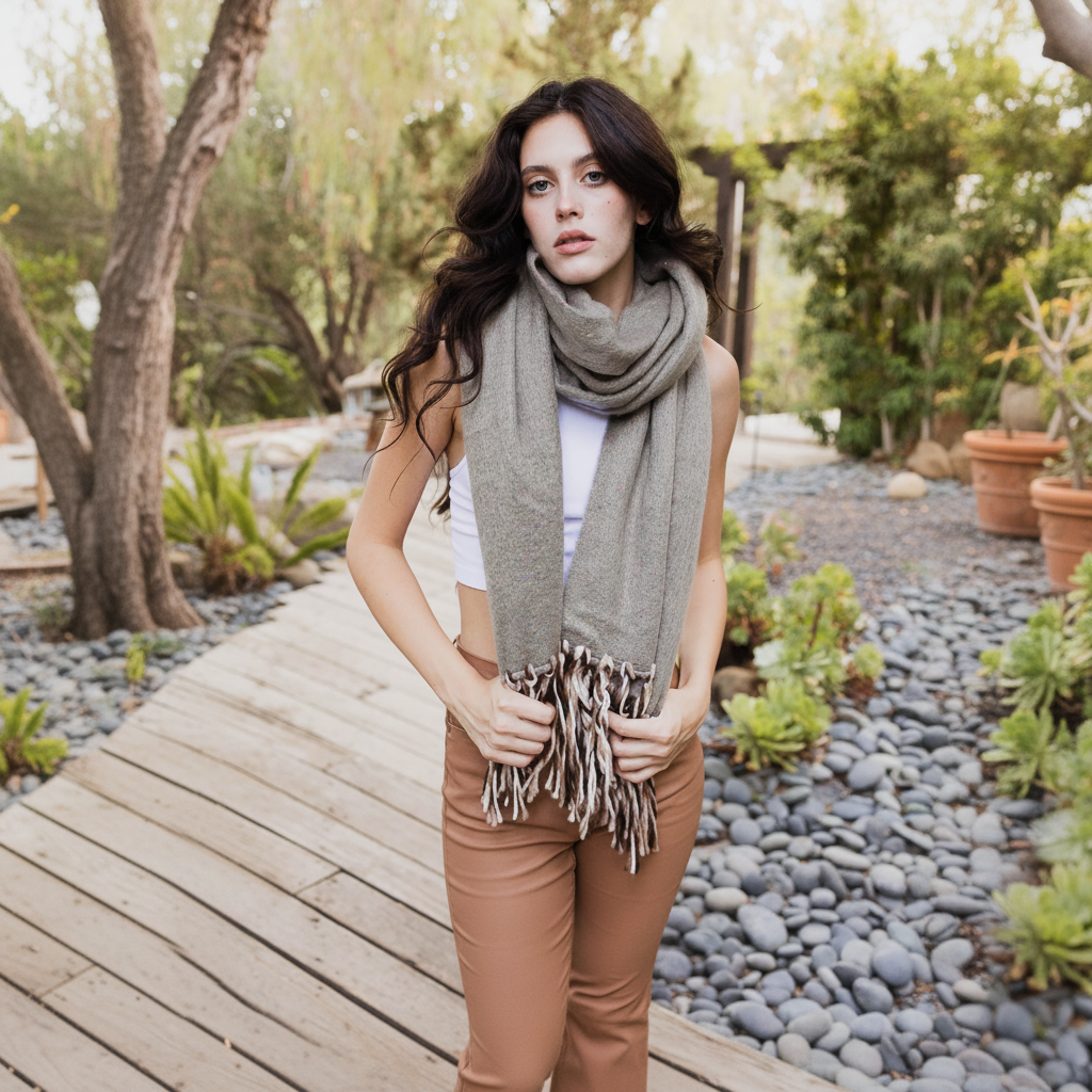 Women's gray speckled knit scarf wrap with neutral fringe, looped over crop top and camel trousers – BellanBlue