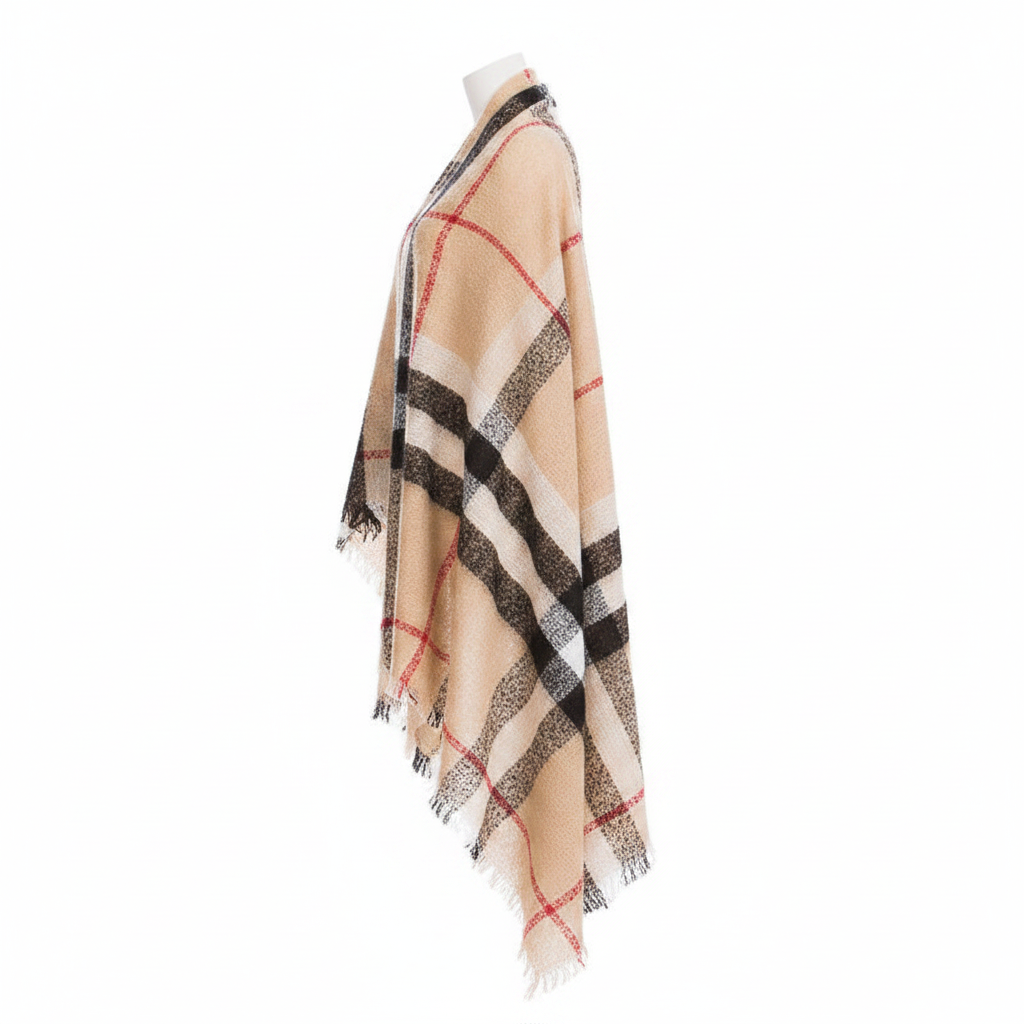 Women's plaid fringe shawl wrap, side profile, oversized poncho drape, neutral woven fabric
