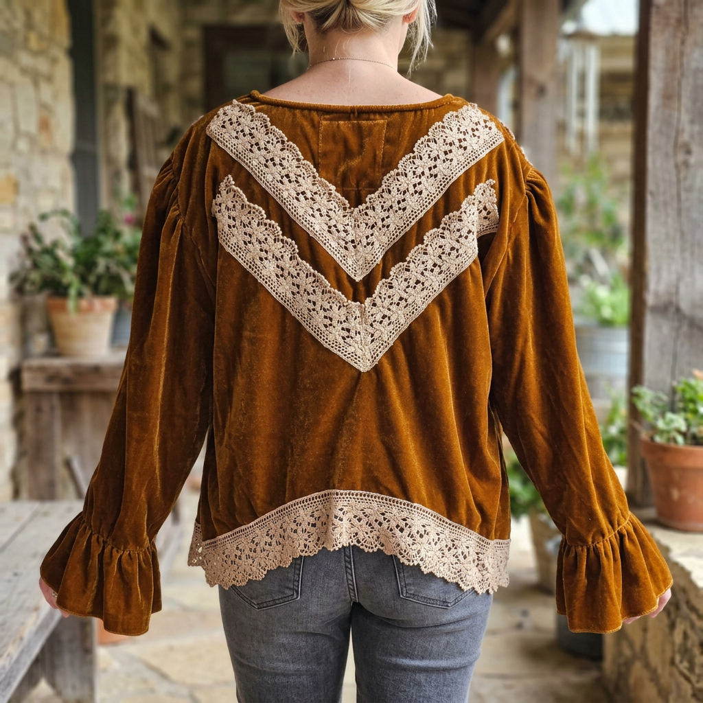A Rare Bird Shop women's golden-brown velvet jacket back detail with double-V cream crochet lace on a veranda