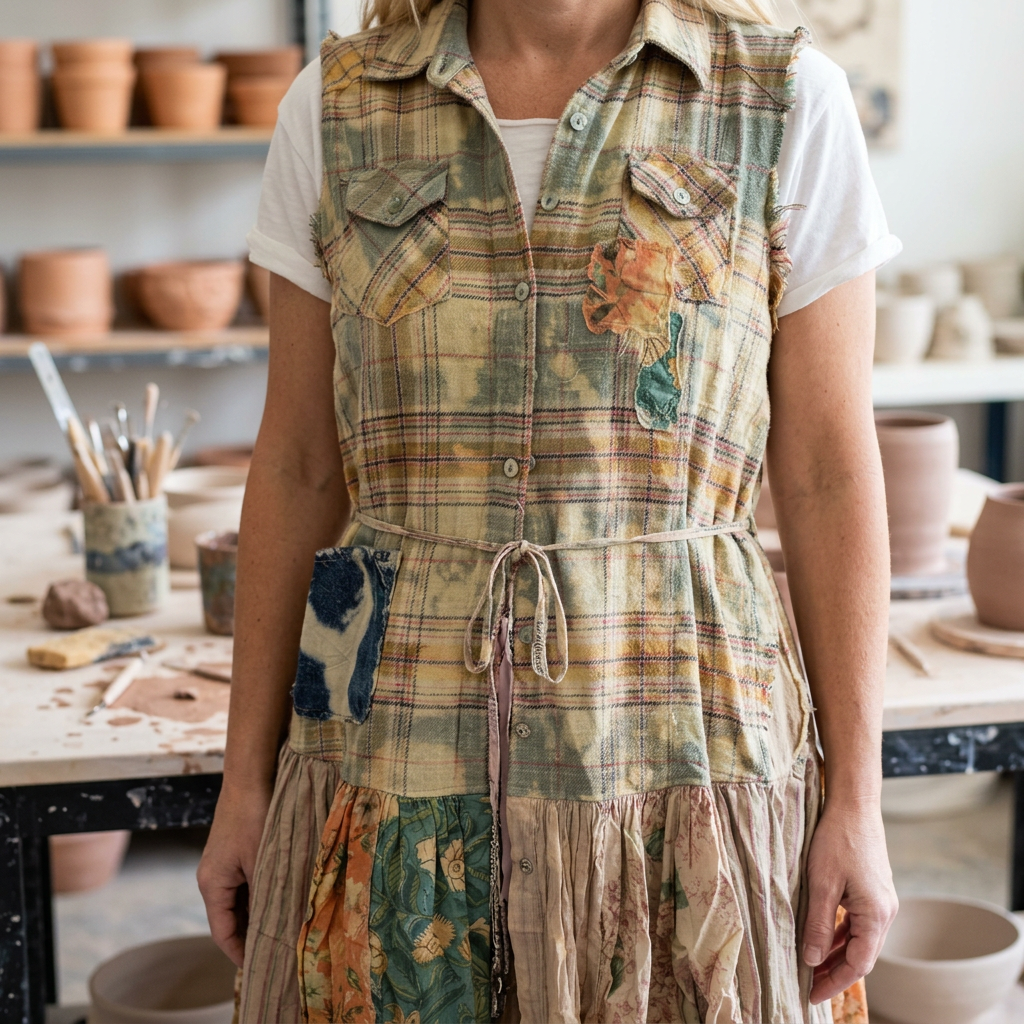 Close view of a plaid dress bodice with flap pockets, floral patches, raw armholes and a thin waist tie.
