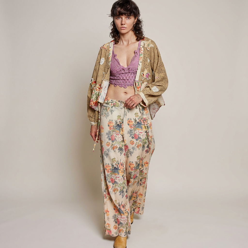 Model posing in an open mocha heart-patch cardigan, mauve lace top, floral pants and tan boots.