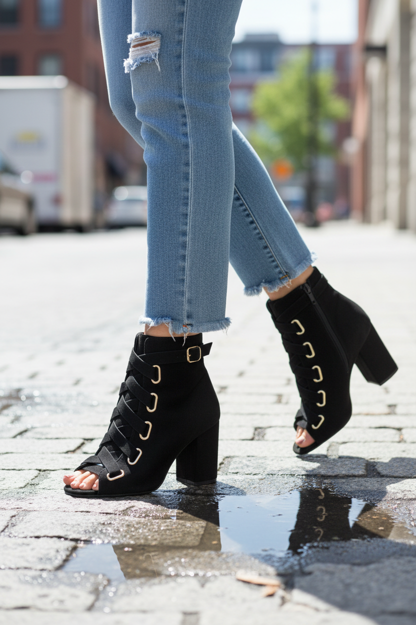 Woman wearing black peep-toe lace-up ankle booties with distressed jeans - street style editorial photo