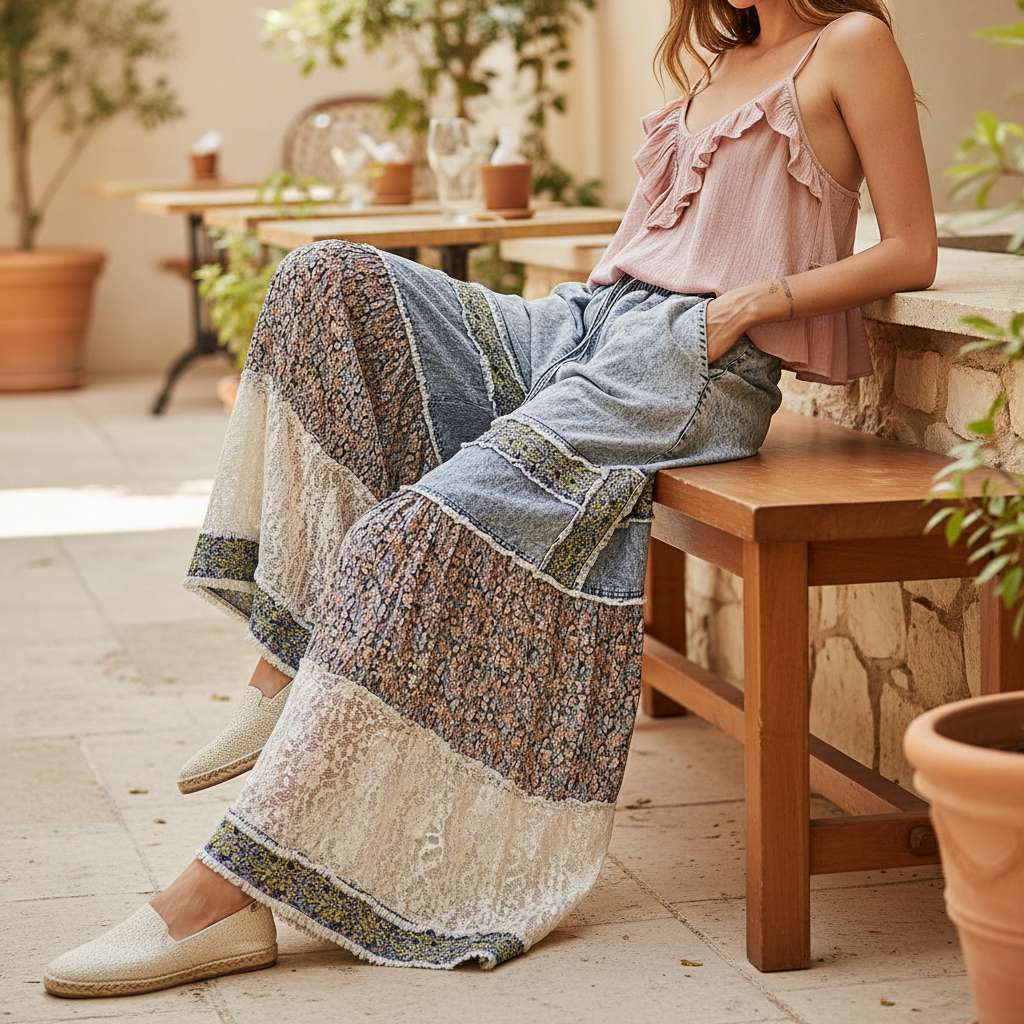 POL women's denim multi patchwork wide-leg pants with ruffle cami seated at brunch cafe patio