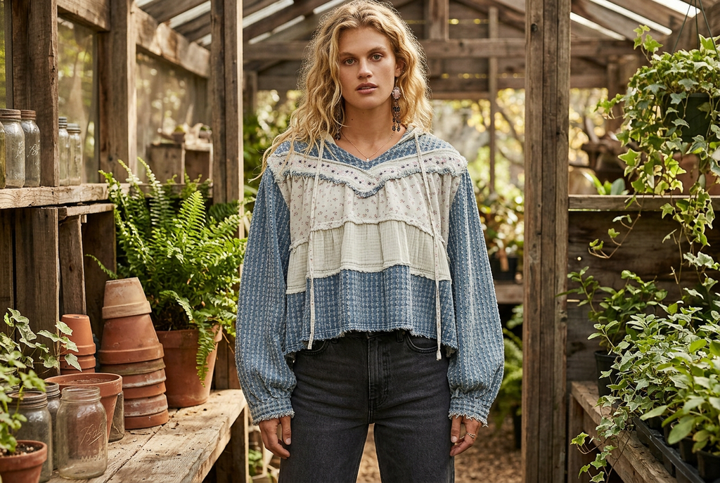 Woman wearing a blue and cream floral patchwork hoodie with charcoal jeans in a rustic plant nursery.