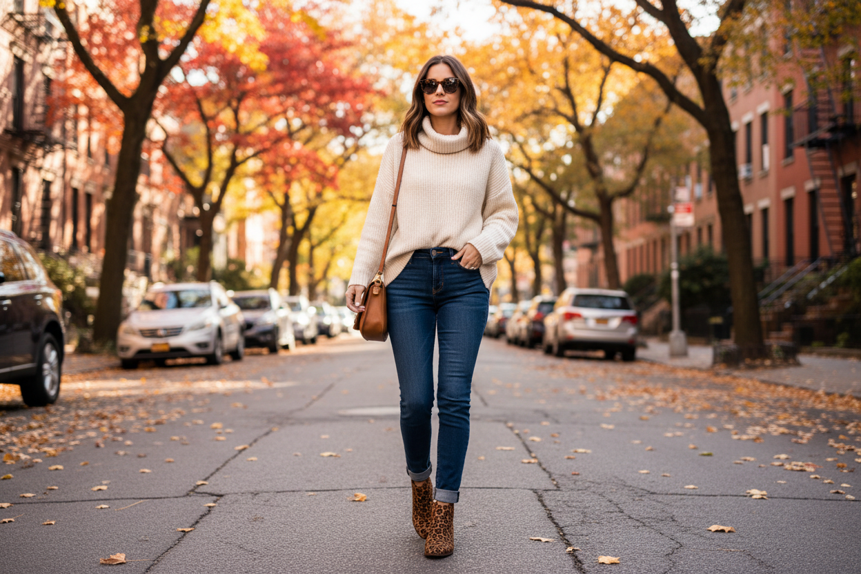 Woman wearing leopard print ankle booties with jeans and sweater walking on city street
