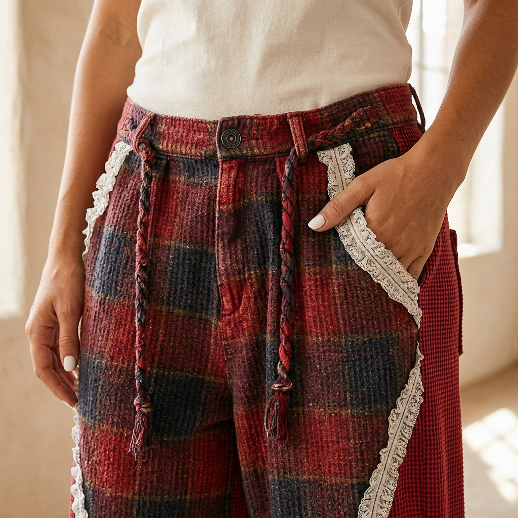 Close-up of the button waist, braided ties and ivory lace-edged pockets on wine plaid pants