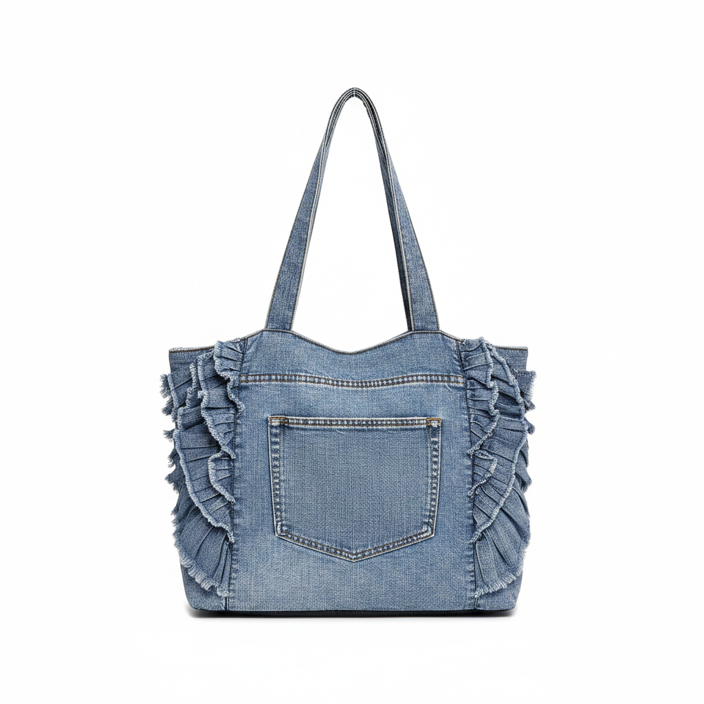 Women's denim embroidered ruffle tote bag, back view showing stitching and construction