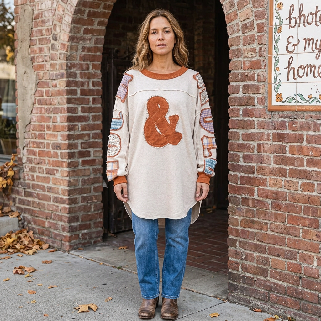 Woman wearing an oatmeal ampersand pullover with colorful patchwork sleeves and blue jeans outside a brick doorway