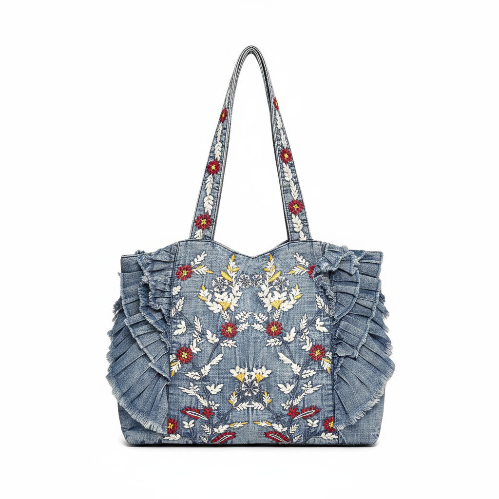Women's denim tote bag with embroidered ruffle trim, front view, white background
