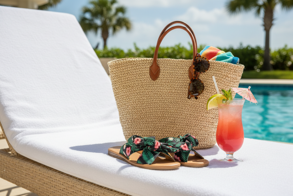 Tropical slide sandals styled poolside with beach bag and sunglasses for summer vacation
