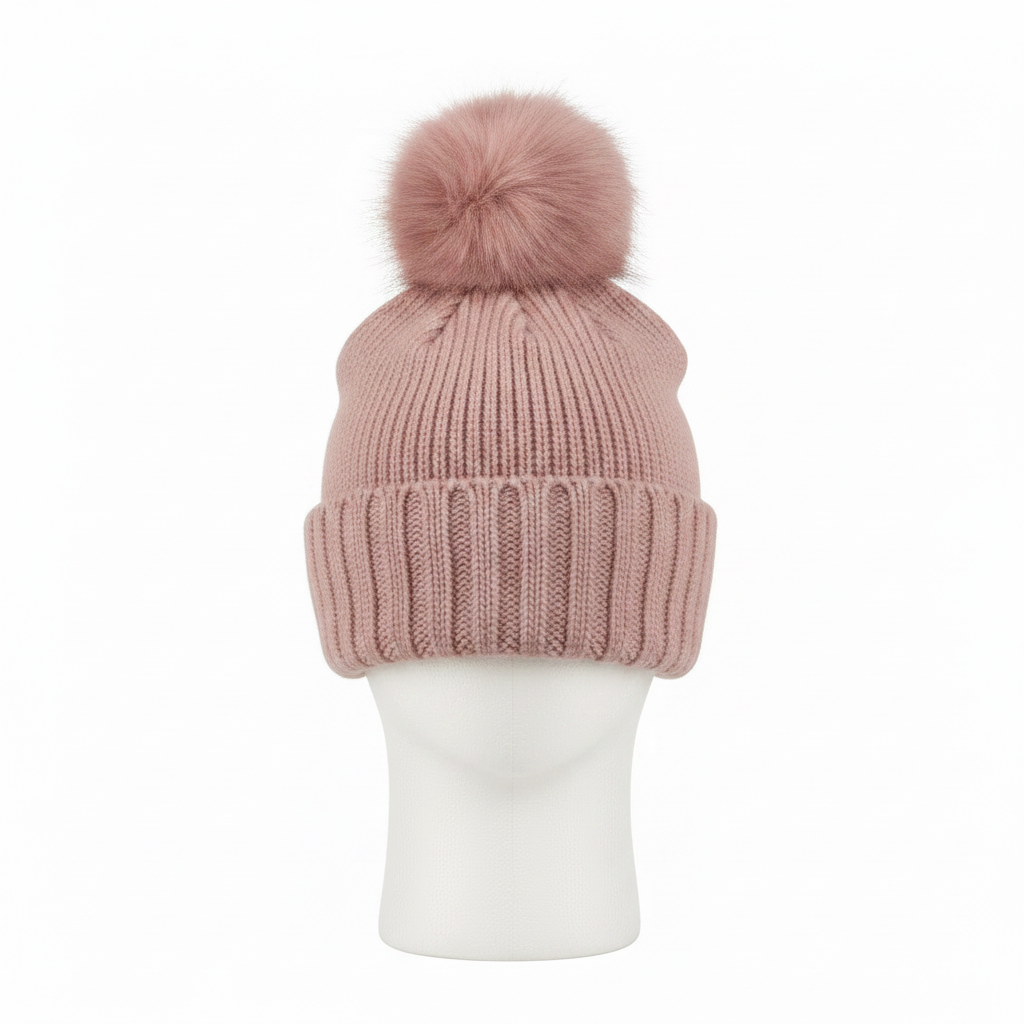 Women's pink chunky knit pom pom beanie with faux fur pom, ribbed cuff, relaxed fit