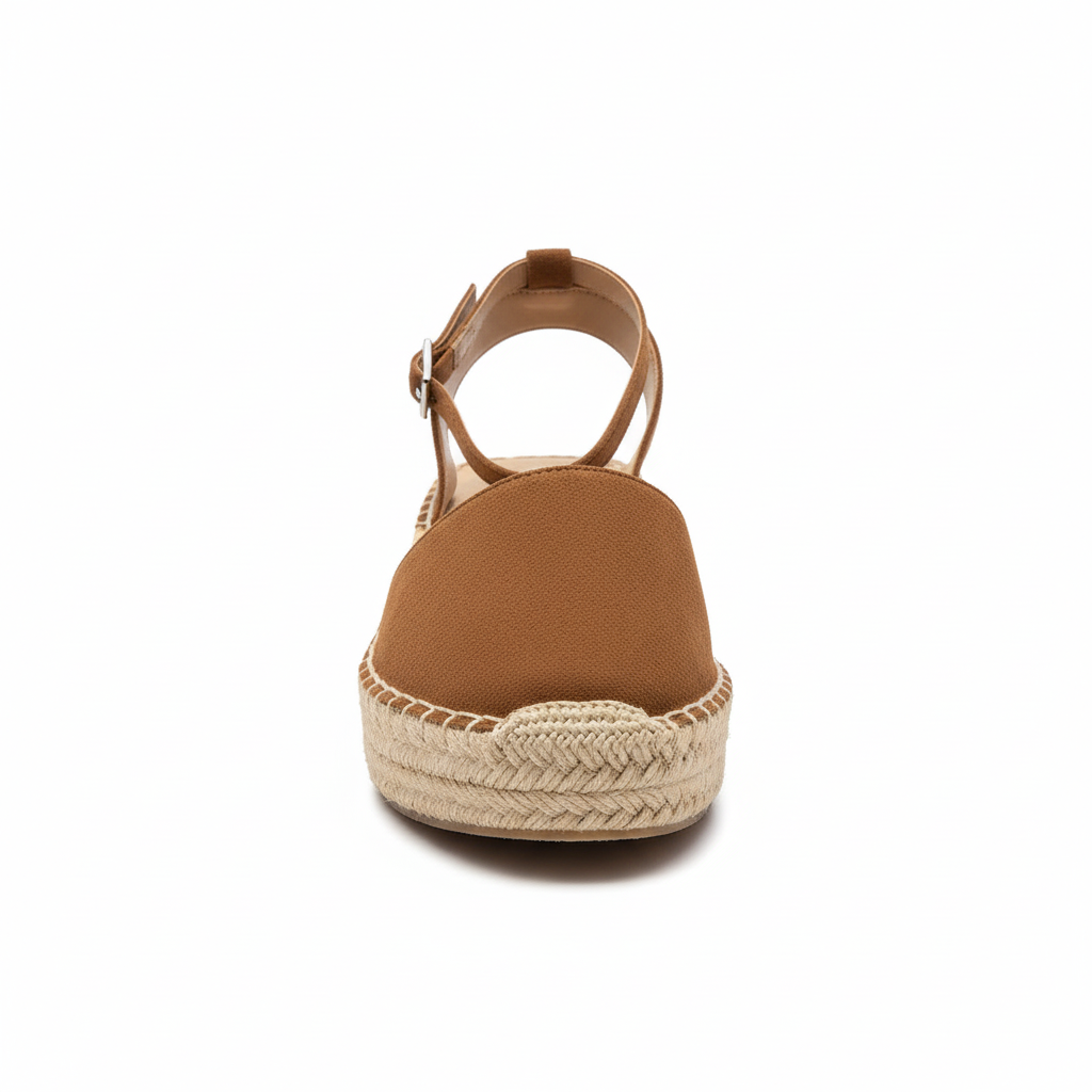 Brown suede espadrille wedge sandal with ankle strap - front view on white background