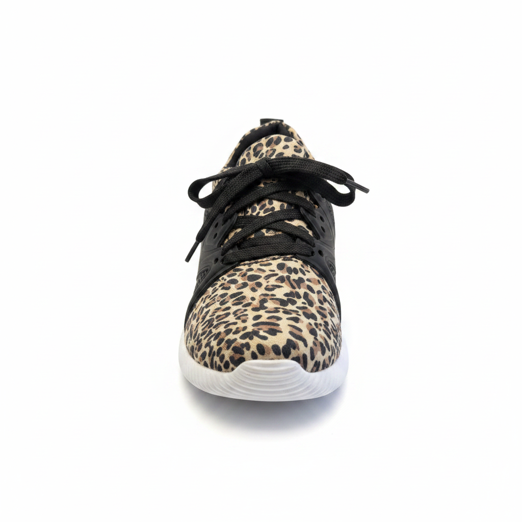 Women's camel leopard canvas lace-up fashion sneaker with perforated black rubber overlays, front view, white background