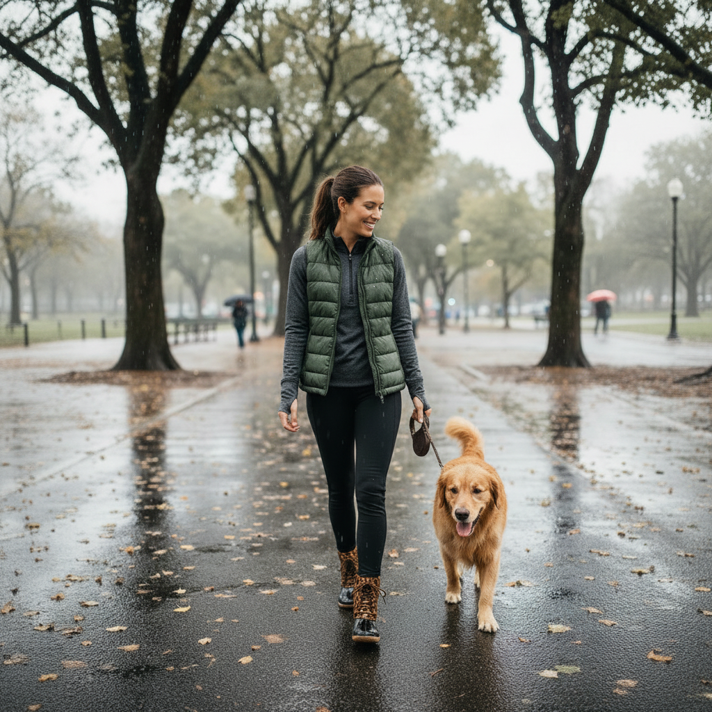 Woman walking a dog on a rainy day in an urban park.