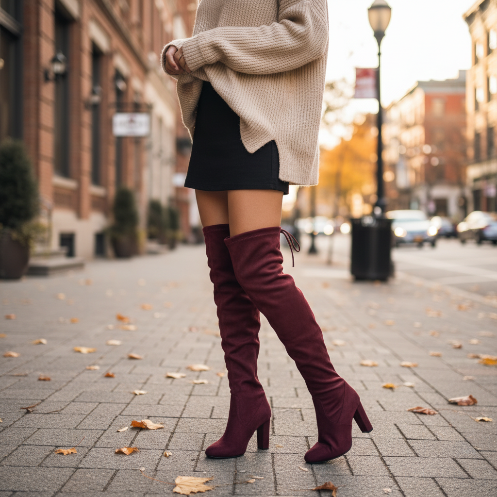 Women's wine burgundy over-the-knee stretch boots with block heel styled with mini skirt and oversized knit on city sidewalk - BellanBlue