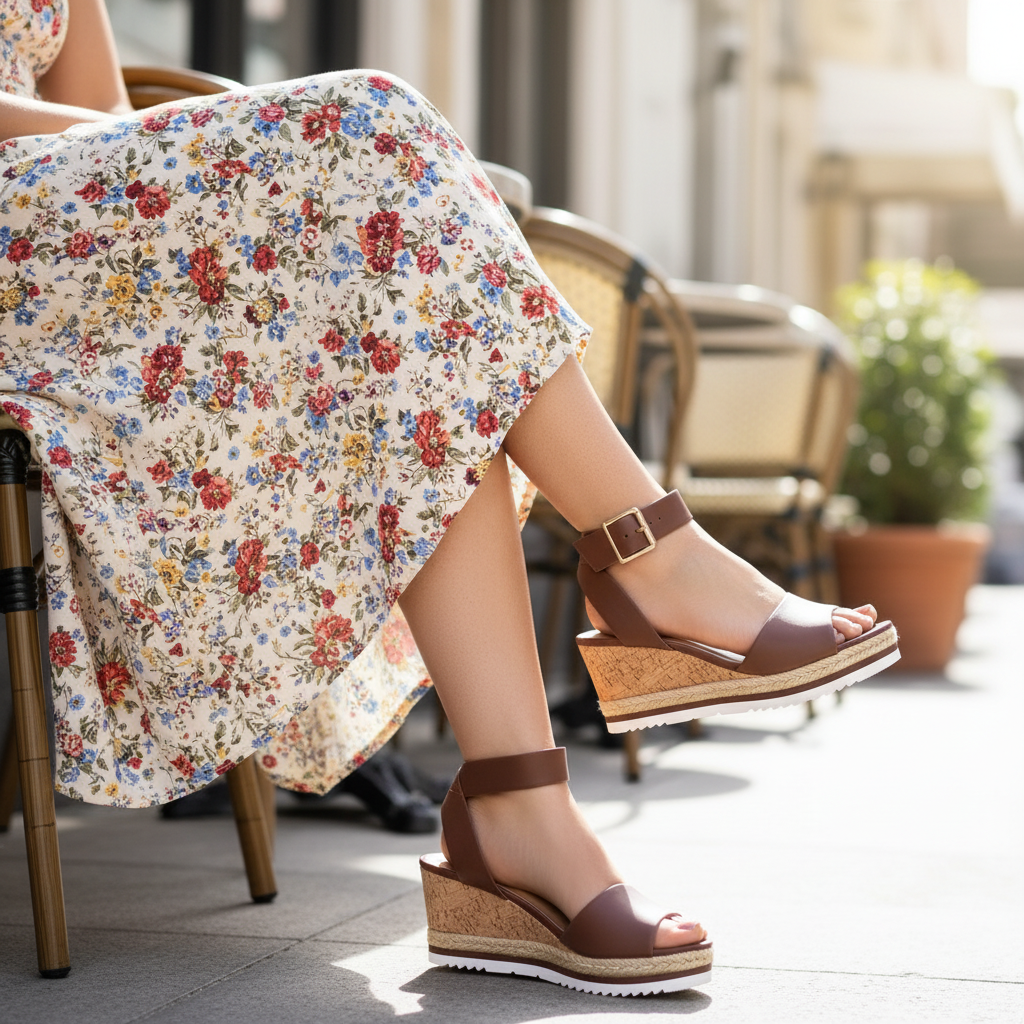 Woman seated at cafe wearing Cityclassified Junior-S brown cork wedge sandals, outer side and gold buckle visible