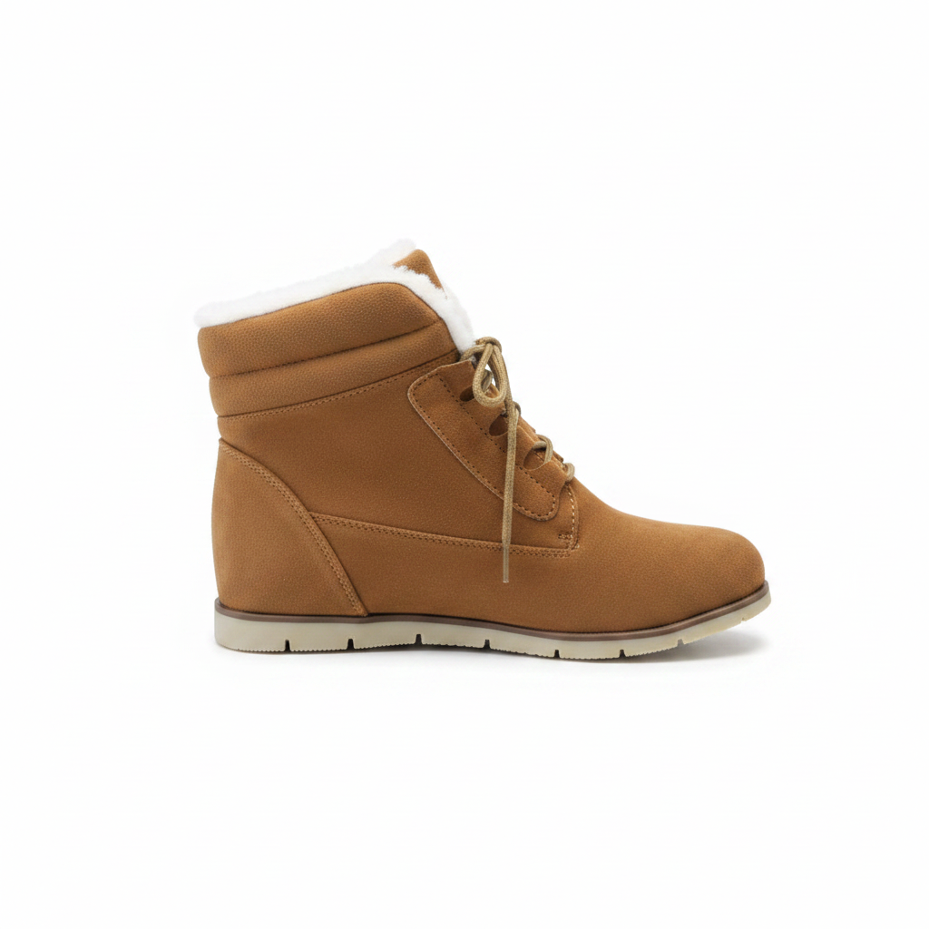 Camel suede lace-up ankle boot outer side profile view, white sherpa lining and white rubber outsole on white background