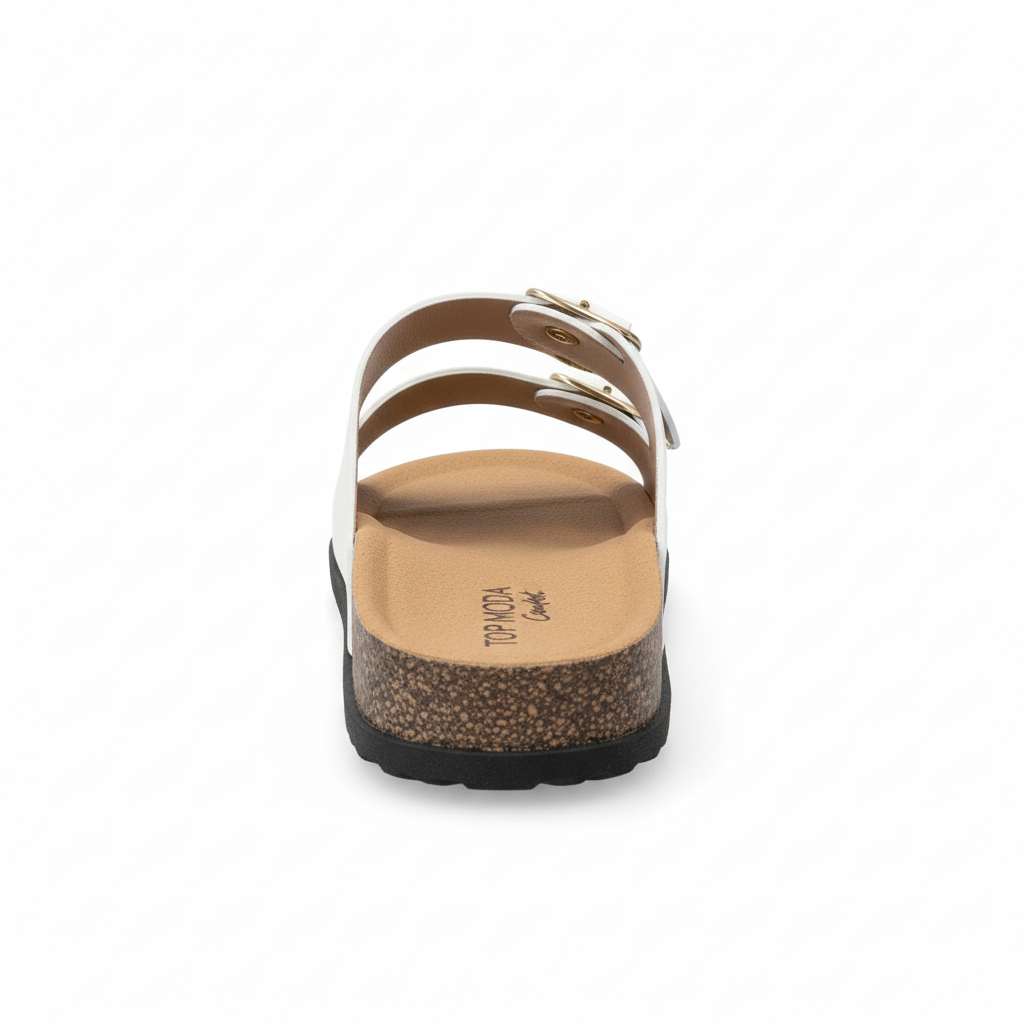Women's white double-strap slide sandal, back heel view showing cork midsole, tan contoured footbed, and gold square buckles, white background