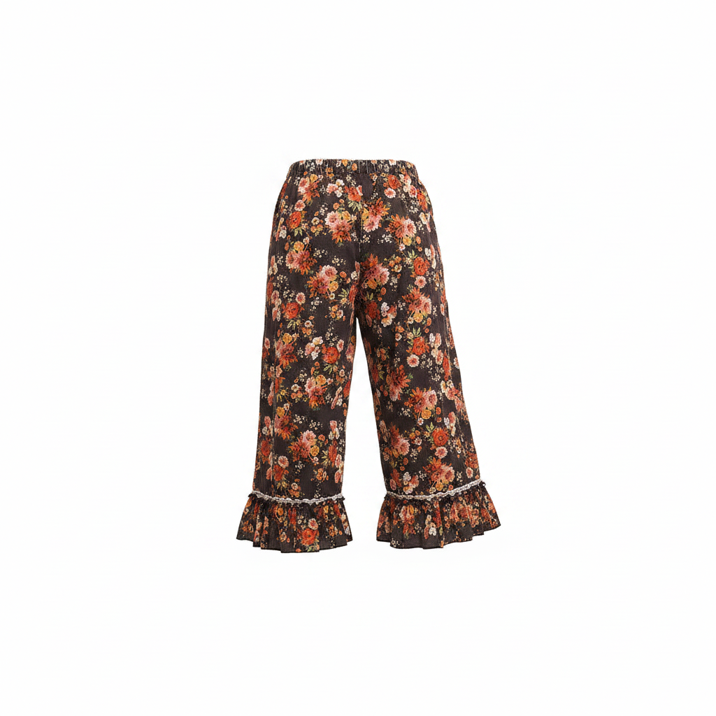 Women's vintage floral capri pants back view showing elastic waistband and gathered ruffle hem
