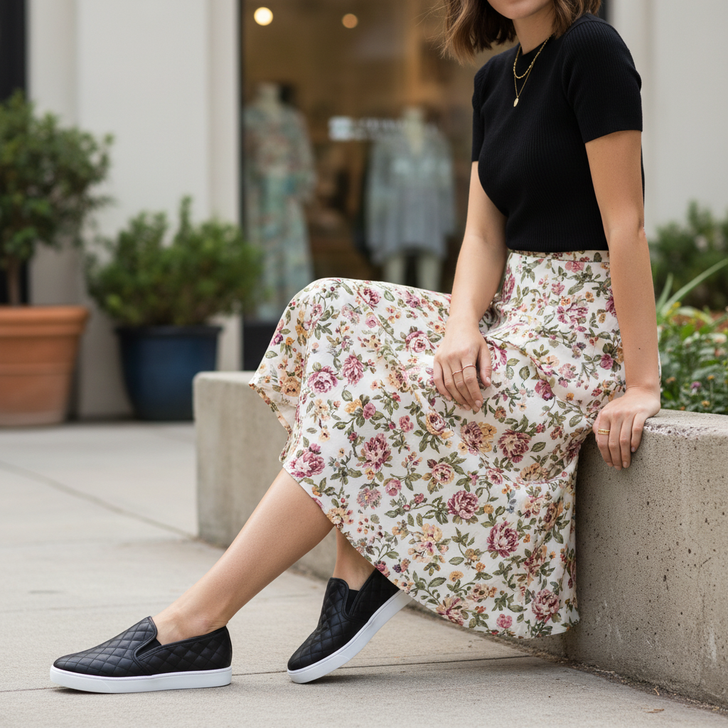 Soda black quilted slip-on sneakers with white platform sole styled with a floral midi skirt outdoors
