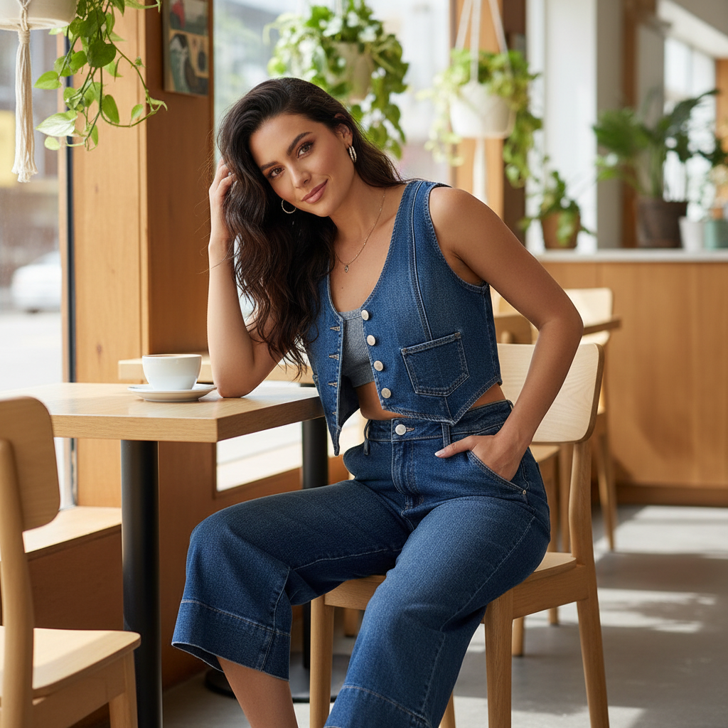 Women's blue denim wide-leg culottes styled as matching set café editorial look