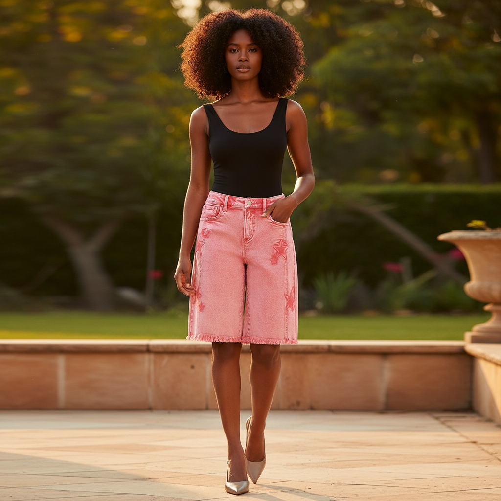 Women's pink star print denim shorts garden editorial black bodysuit kitten heels