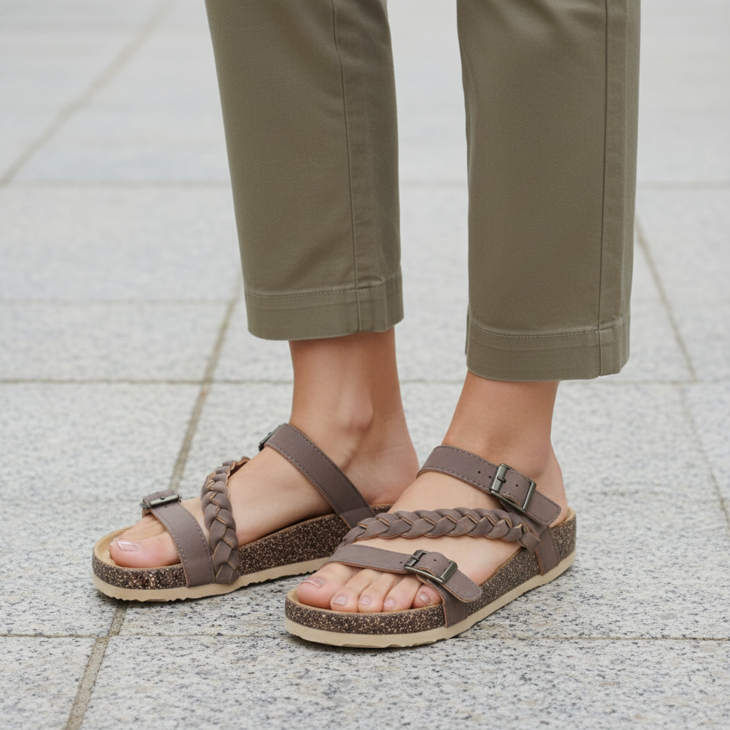 Woman standing in Cherish taupe braided platform sandals with khaki trousers on stone pavement, knees-down view