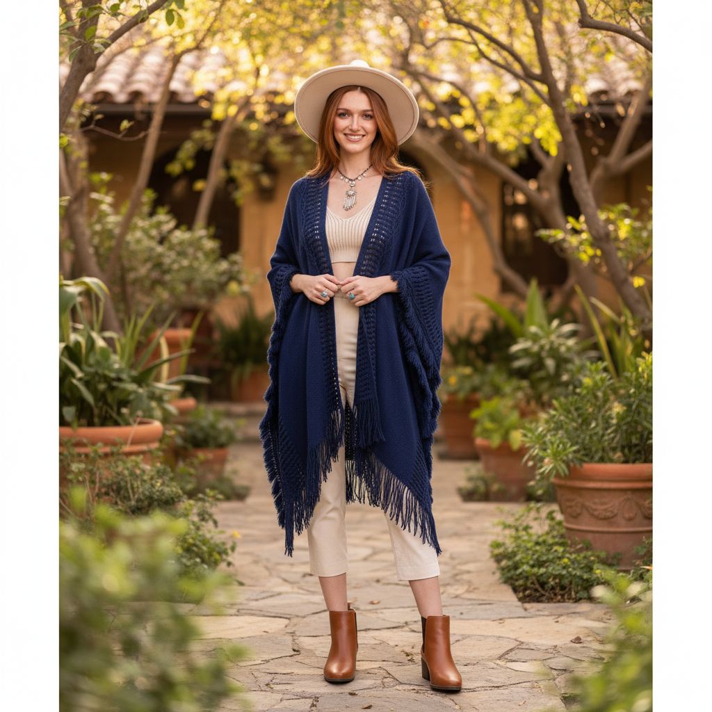 Women's navy fringe ruana wrap styled with white trousers and wide-brim hat, boho kimono cardigan – BellanBlue