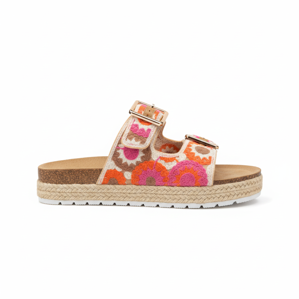 Women's floral embroidered platform espadrille sandal - side profile view showing platform height and jute rope sole