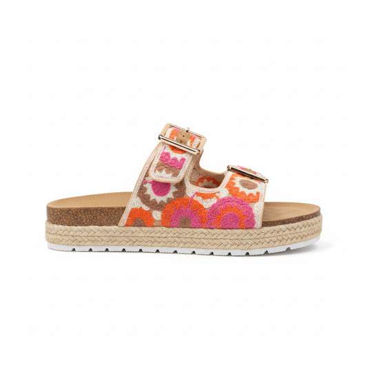 Women's floral embroidered platform espadrille sandal - side profile view showing platform height and jute rope sole
