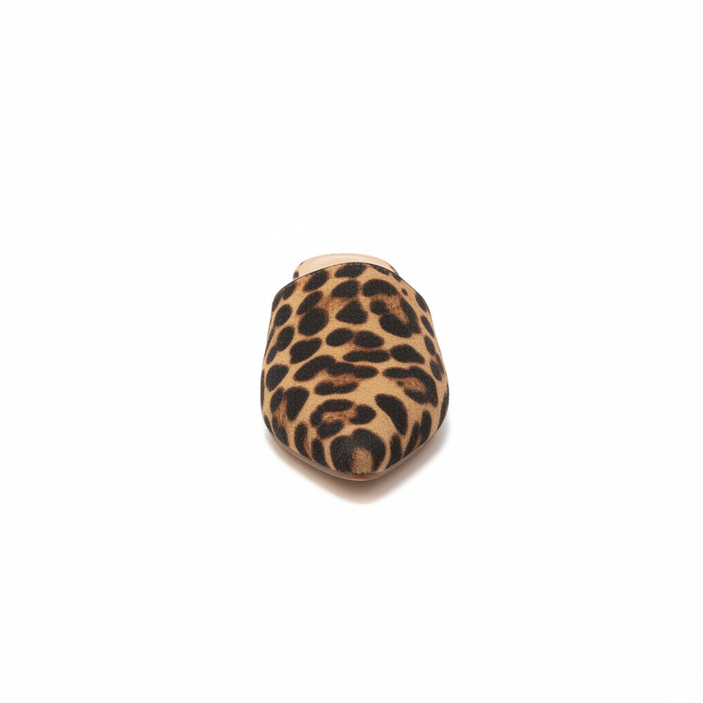 Bella Marie leopard print pointed toe mule slide, straight front view on white background showing pointed toe detail
