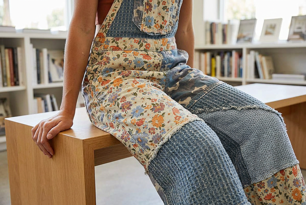 Seated close-up of floral, camouflage and textured blue patchwork panels with frayed seams.