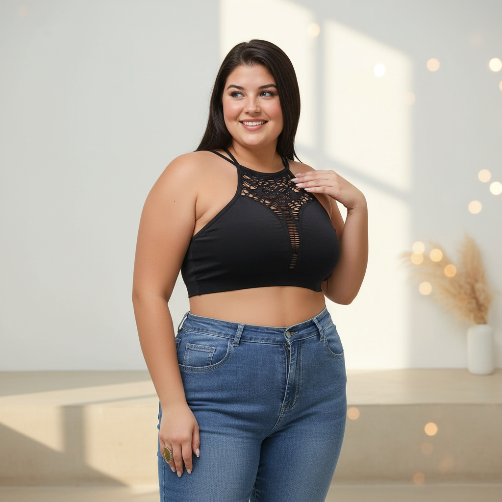 Women's black crochet halter bralette styled with jeans, cutout lace neckline, relaxed fitted crop look