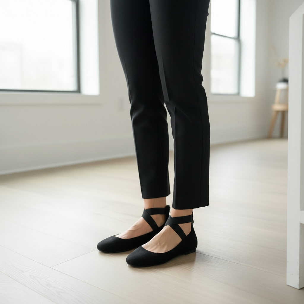 Woman standing wearing Bella Marie black suede ballet flats with crisscross ankle straps, knees-down view with tailored black trousers