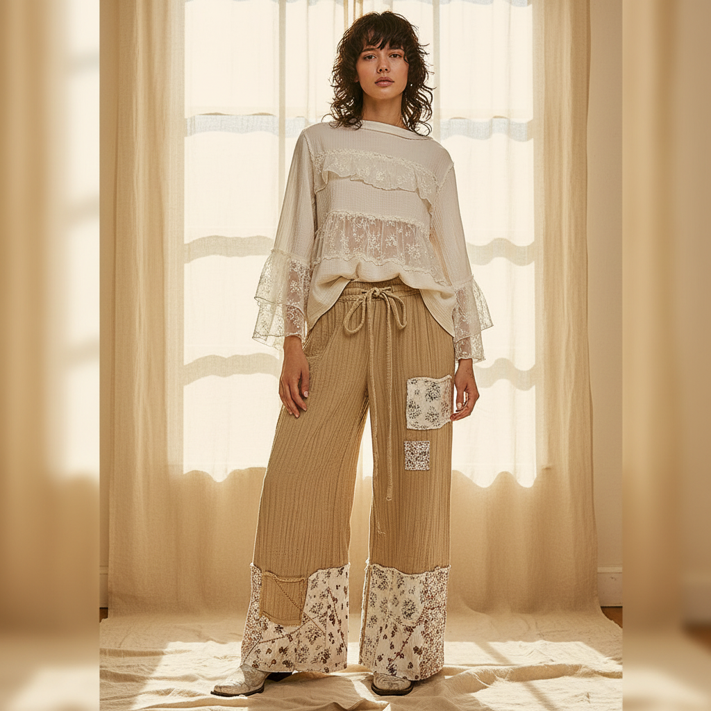 Women's tan quilted wide-leg patchwork pants, standing, floral hem panels, cargo pockets, boho fit - BellanBlue